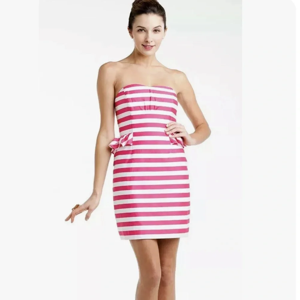 Lilly Pulitzer Maybell Azalea Pink Swizzle Stripe Peplum Strapless Dress-Size 6 - Picture 14 of 14